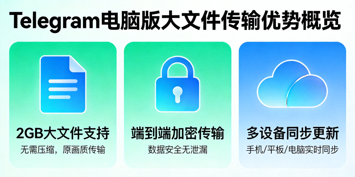 Telegram电脑版大文件传输优势概览信息图 - 展示2GB支持、加密、同步等核心优势