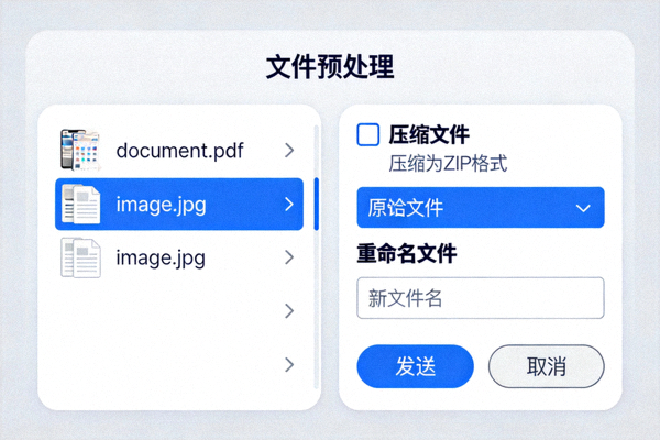 Telegram电脑版文件预处理界面截图 - 展示文件压缩与重命名选项