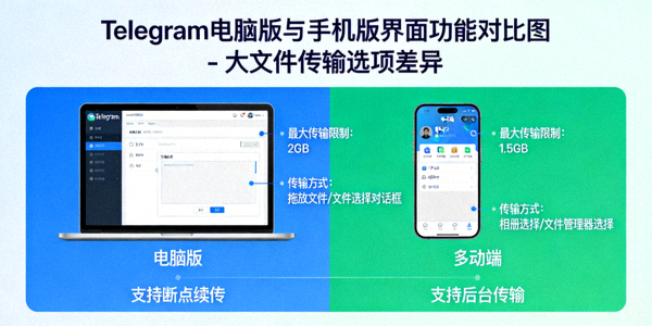 Telegram电脑版与手机版界面功能对比图 - 大文件传输选项差异