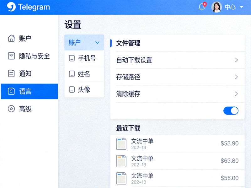 Telegram电脑中文版设置与文件管理界面截图 - 展示清晰的中文选项