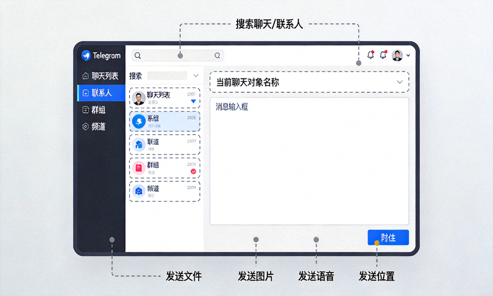 Telegram电脑中文版主界面详细标注图 - 展示侧边栏、聊天区、搜索栏和附件按钮