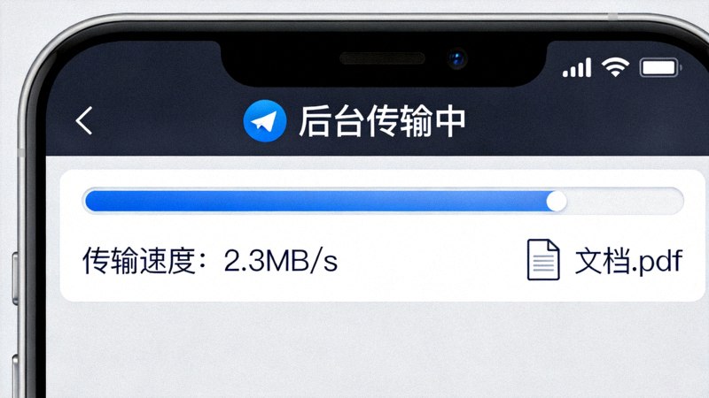 Telegram手机版文件传输进度界面截图 - 显示后台传输通知和速度