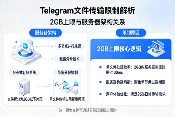 Telegram文件传输限制信息图 - 展示2GB上限与服务器架构关系