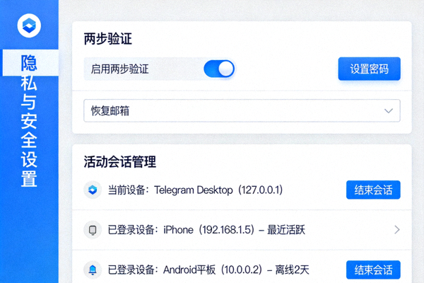 Telegram隐私与安全设置中的两步验证和活动会话管理面板