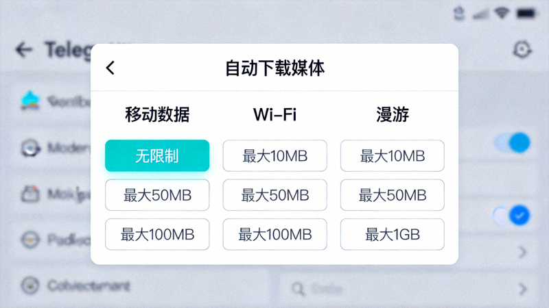 Telegram自动下载媒体设置面板截图 - 显示不同网络环境下的文件大小限制选项