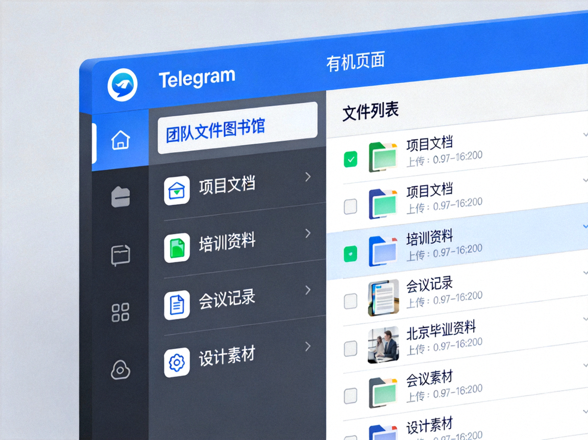 展示一个作为团队文件图书馆的Telegram私有频道界面，文件分类清晰