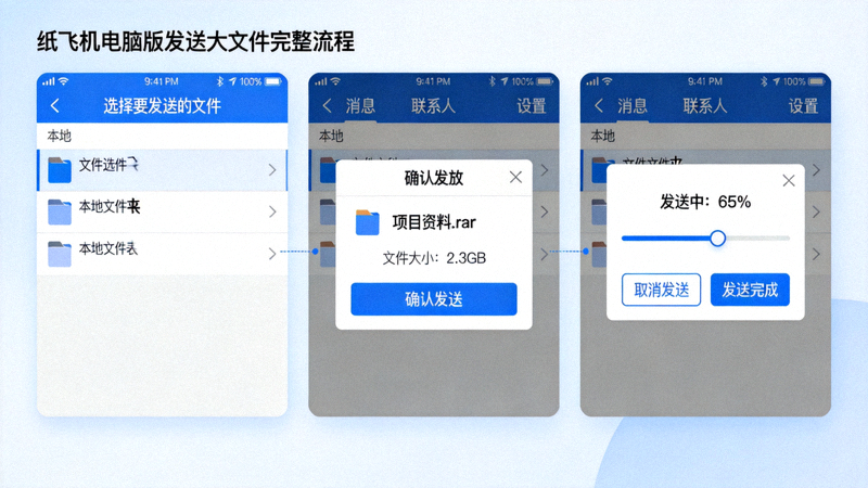 纸飞机电脑版发送大文件操作步骤界面截图 - 从选择文件到点击发送的完整流程