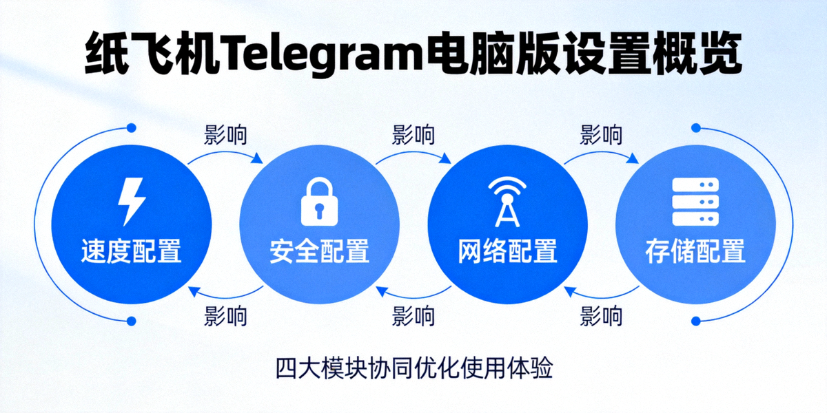 纸飞机Telegram电脑版设置概览图 - 展示速度、安全、网络、存储四大配置模块关系