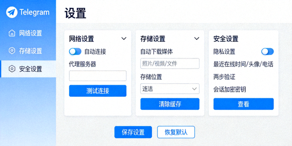 纸飞机Telegram电脑版设置面板详解图 - 网络、存储与安全配置选项